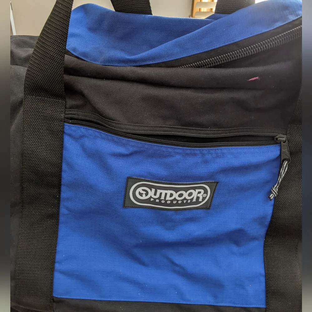 Vtg Outdoor Products Blue and Black Sports Duffle Travel Bag w Handles and Strap